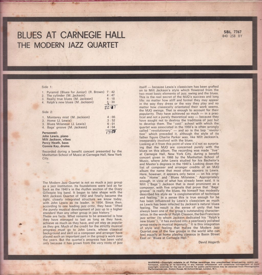 Modern Jazz Quartet - Blues At Carnegie Hall - Lp