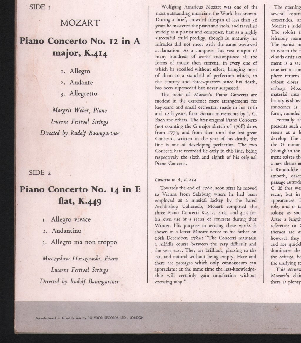 Margrit Weber / Mieczyslaw Horszowski / Festival Strings Lucerne / Rudolf Baumgartner - Piano Concertos (No.12 A-Major K414 - No.14 E Flat-Major K449) - Lp