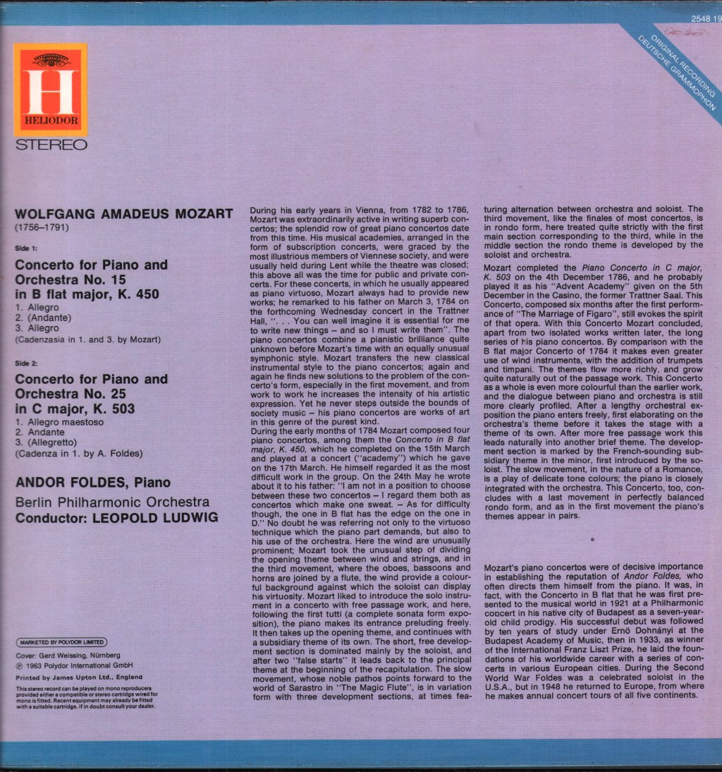 Andor Foldes / Berliner Philharmoniker / Leopold Ludwig - Wolfgang Amadeus Mozart - Piano Concertos Nos. 15 & 25 - Lp
