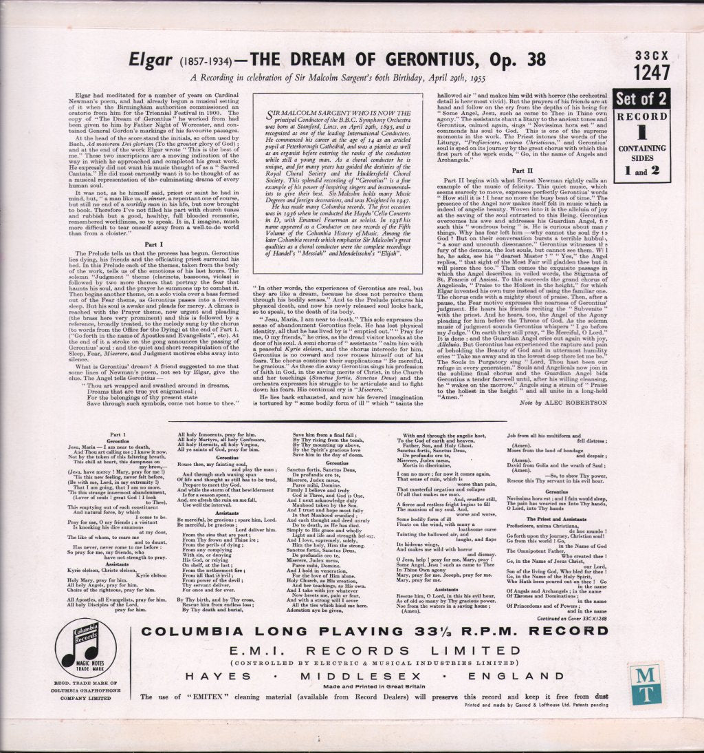 Sir Malcolm Sargent / Richard Lewis / Marjorie Thomas / Huddersfield Choral Society - Elgar - Dream Of Gerontius - Double Lp