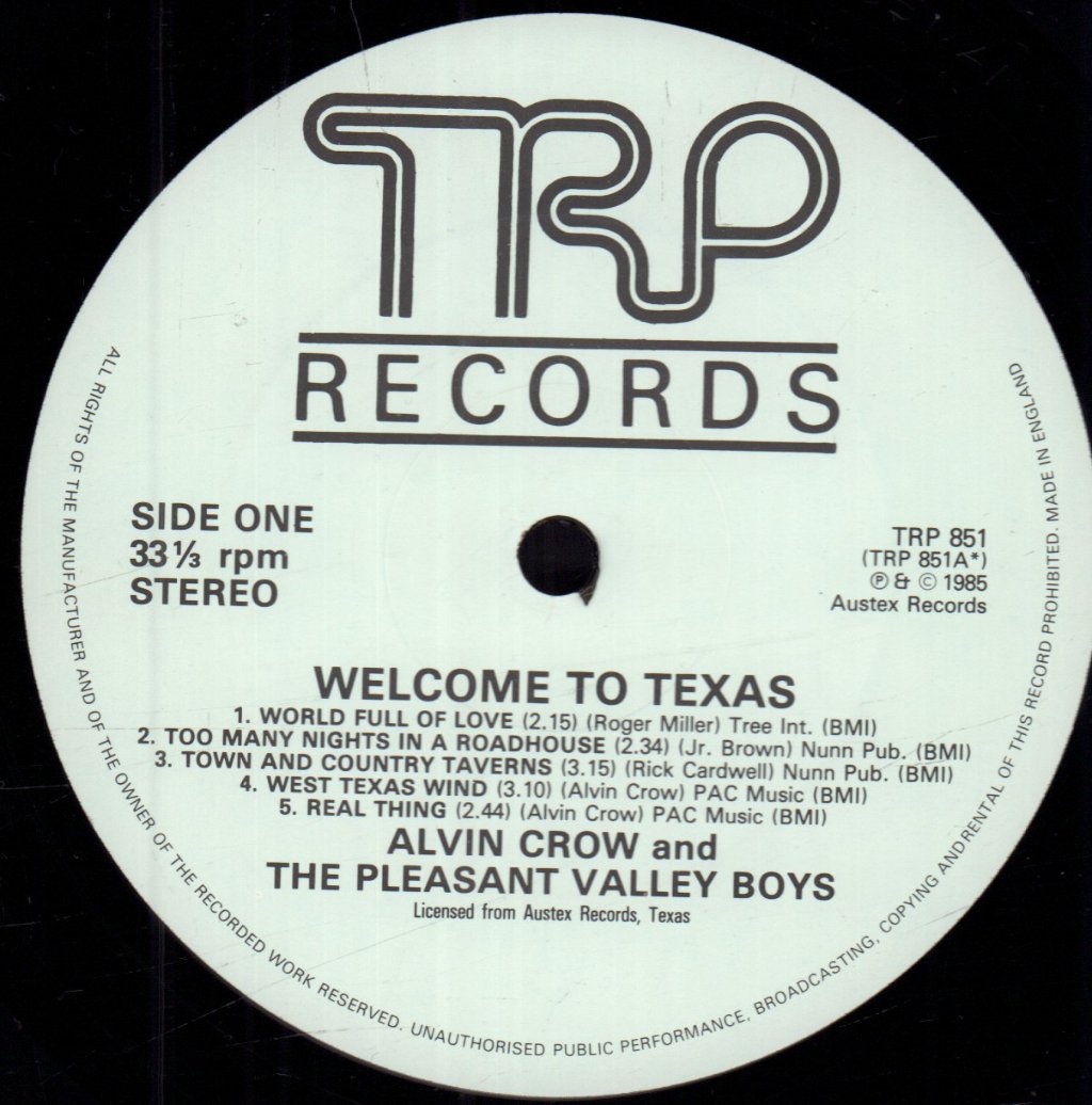 Alvin Crow And Pleasant Valley Boys - Welcome To Texas - Lp