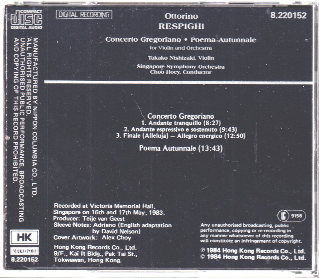 Takako Nishizaki, Singapore Symphony Orchestra - Ottorino Respighi - Concerto Gregoriano • Poema Autunnale - Cd