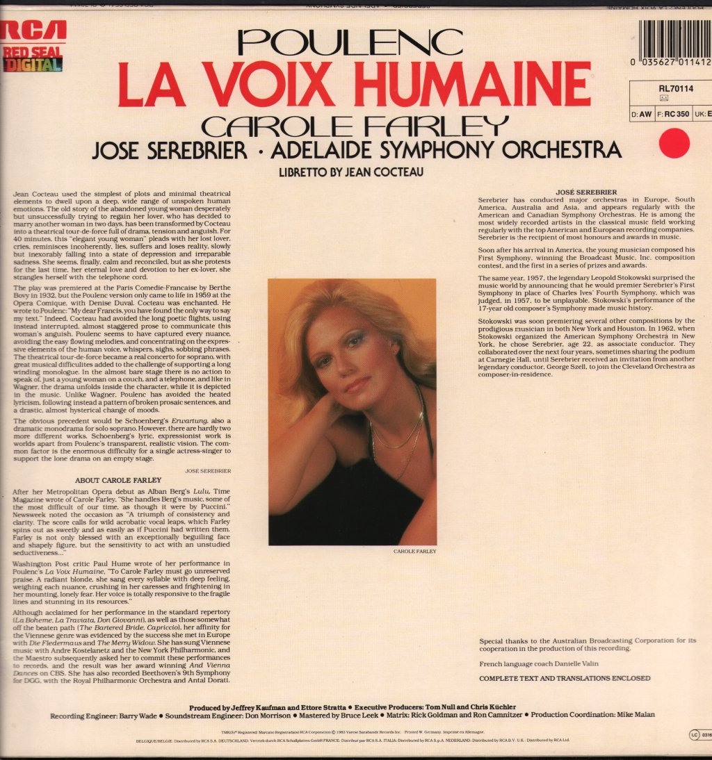 Carole Farley / Jose Serebrier / Adelaide Symphony Orchestra - Poulenc - La Voix Humaine - Lp