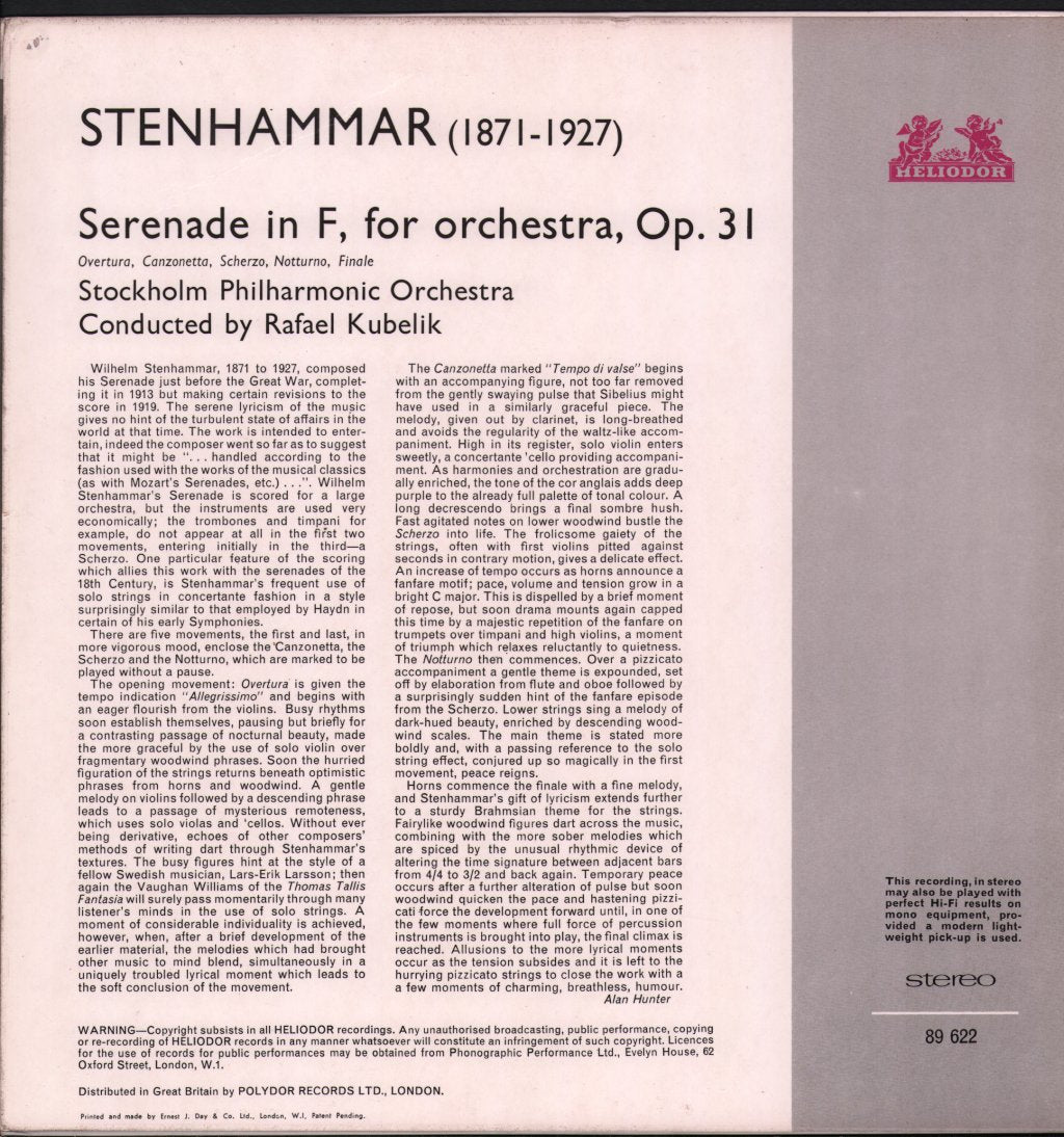 Stockholm Philharmonic Orchestra / Rafael Kubelik - Stenhammar - Serenade In F For Orchestra - Lp