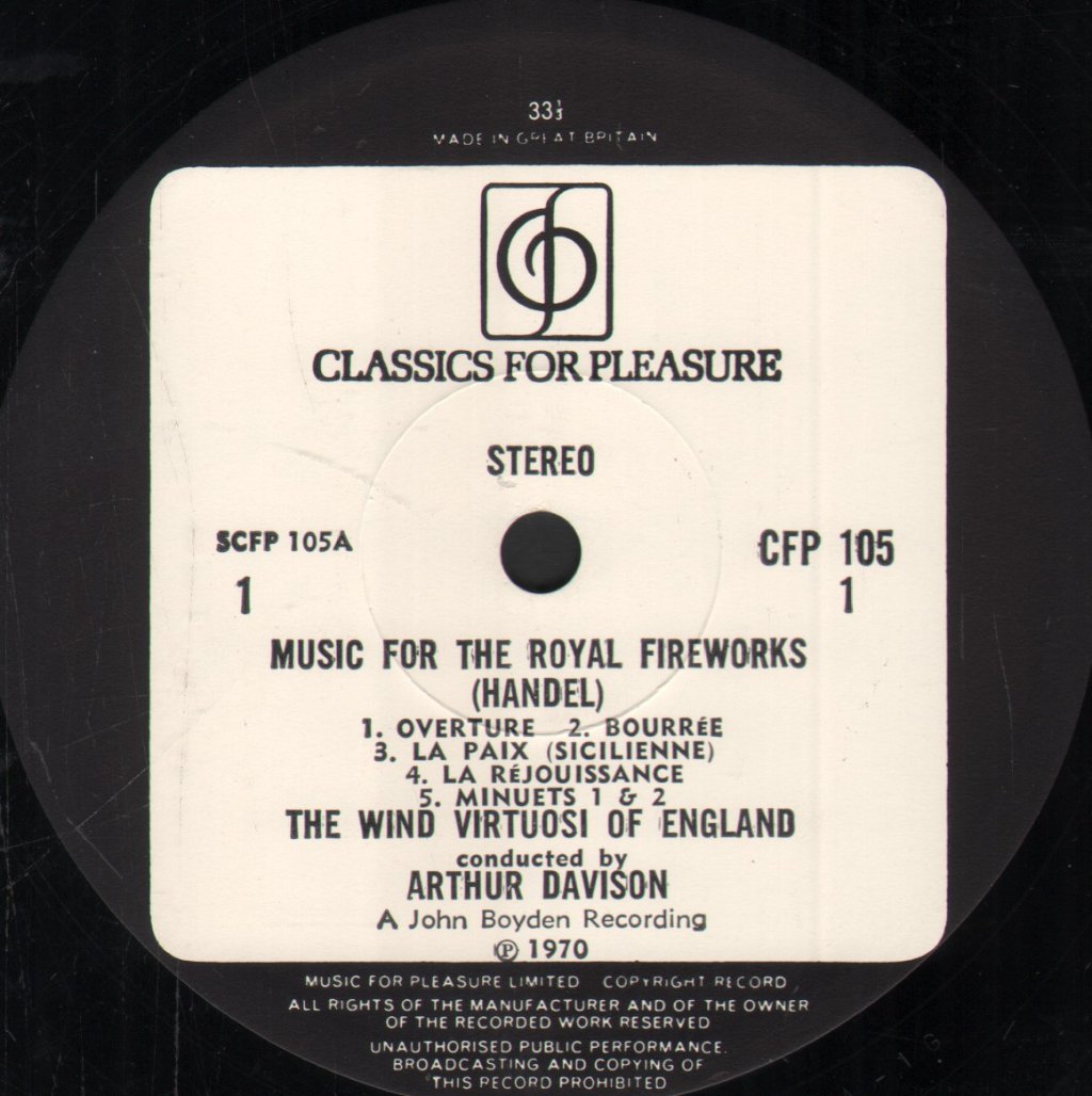 Wind Virtuosi Of England / Virtuosi Of England / Arthur Davison - Handel - Music For The Royal Fireworks / Concerti Grossi Op. 3 Nos. 2 And 5 - Lp