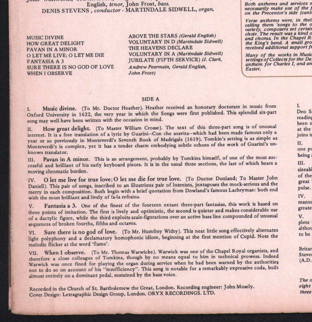 Ambrosian Singers / In Nomine Players / Denis Stevens - Thomas Tomkins - Secular And Sacred Music - Lp