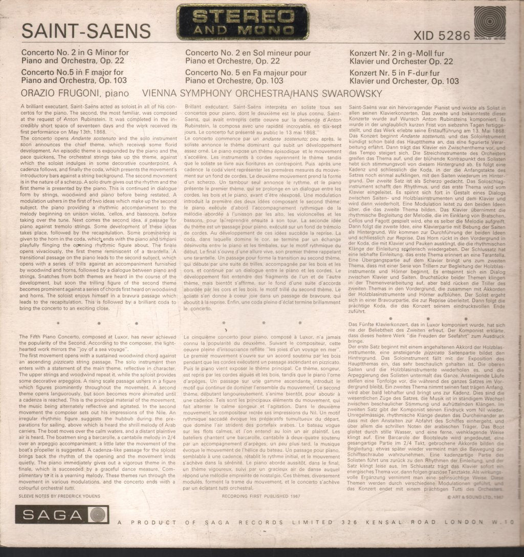 Orazio Frugoni / Vienna Symphony Orchestra / Hans Swarowsky - Saint-Saens - Piano Concertos No. 2 In G Minor Op. 22 & No. 5 In F Major Op. 103 - Lp