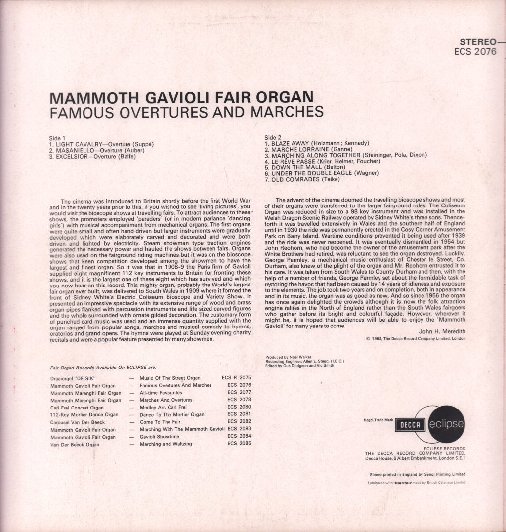 Mammoth Gavioli Fair Organ - Famous Overtures And Marches - Lp