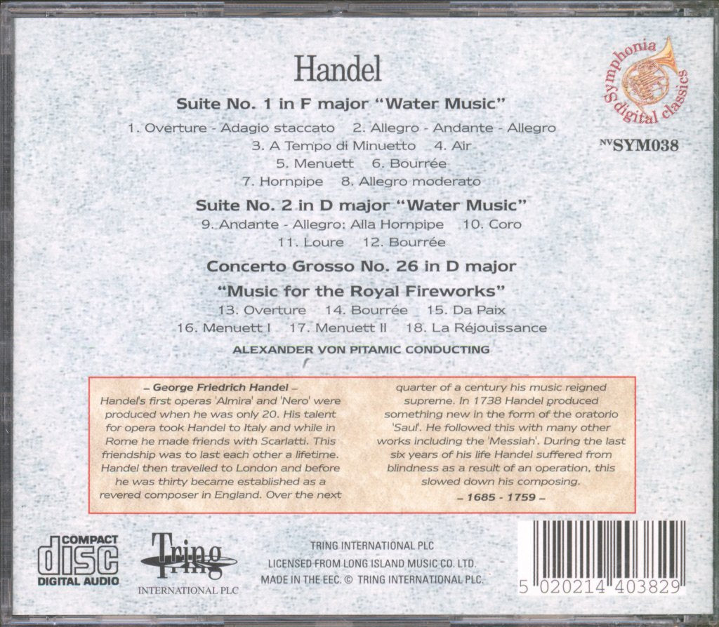 Hymisher Greenburg, The European Symphony Orchestra - Handel -Water Music • Concerto Grosso Op 14 • Concerto Grosso Op 6 - Cd