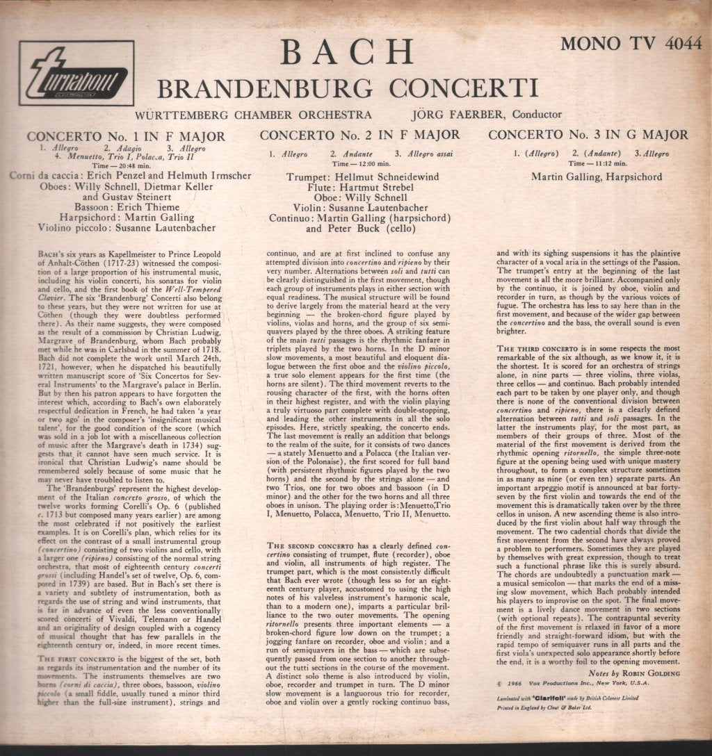 Susanne Lautenbacher / Hellmut Schneidewind / Martin Galling / Jorg Faerber - Bach - Brandenburg Concerti - Lp