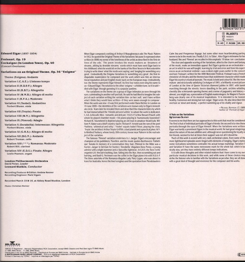 Leonard Slatkin / London Philharmonic Orchestra - Elgar - Enigma Variations, Cockaigne & Froissart Overtures - Lp