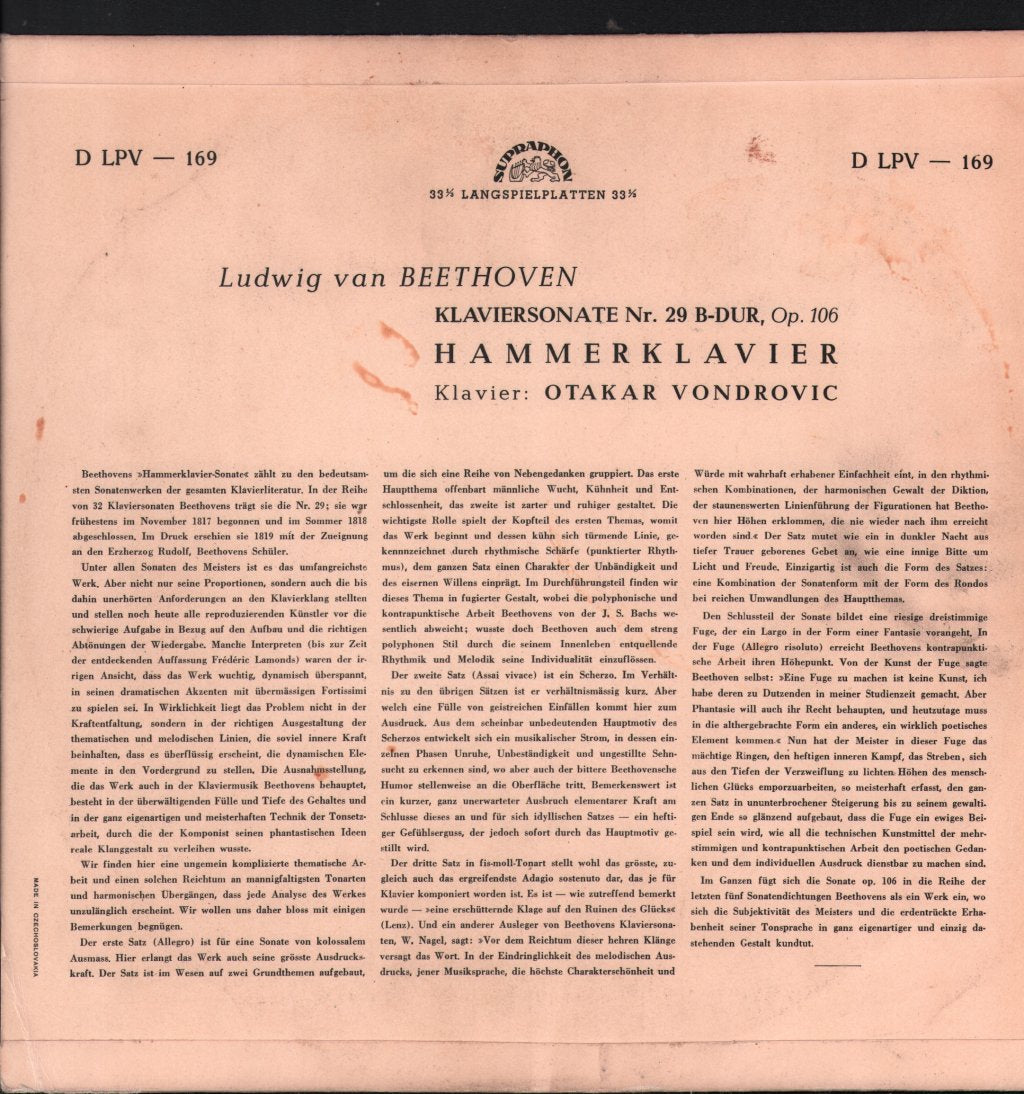 Otakar Vondrovic - Beethoven Hammerklavier - Lp