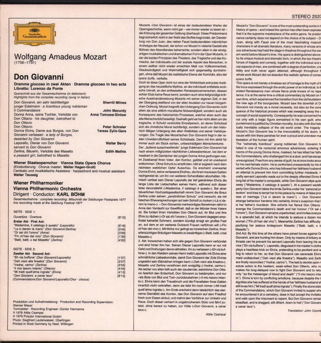 Anna Tomowa-Sintow / Teresa Żylis-Gara / Edith Mathis / Sherrill Milnes / Karl Bohm / Wiener Philharmoniker - Mozart - Don Giovanni Querschnitt / Highlights - Lp