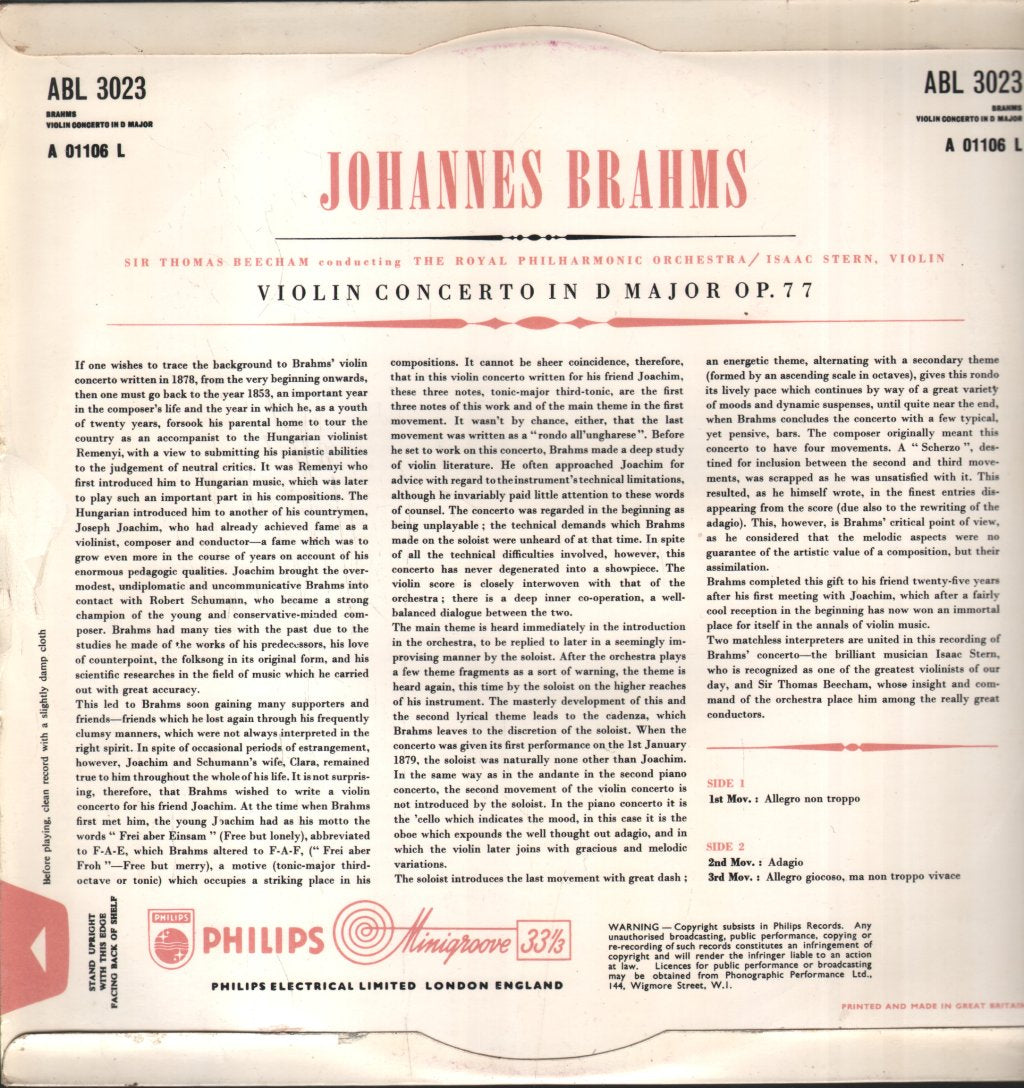Isaac Stern / Sir Thomas Beecham / Royal Philharmonic Orchestra - Johannes Brahms - Concerto In D Major For Violin And Orchestra, Op. 77 - Lp