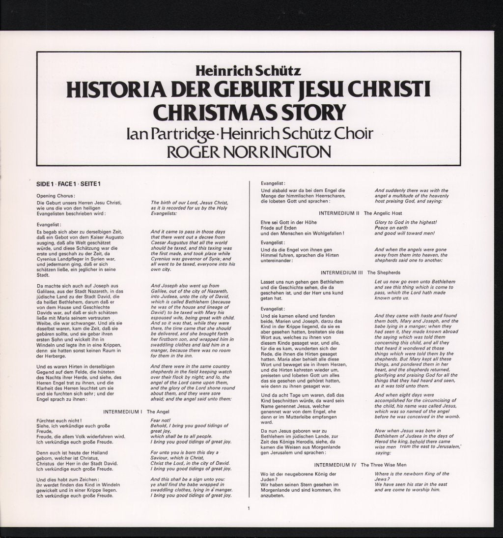Ian Partridge / Heinrich Schutz Choir / Roger Norrington - Heinrich Schutz - Historia Der Geburt Jesu Christi / Christmas Story - Lp