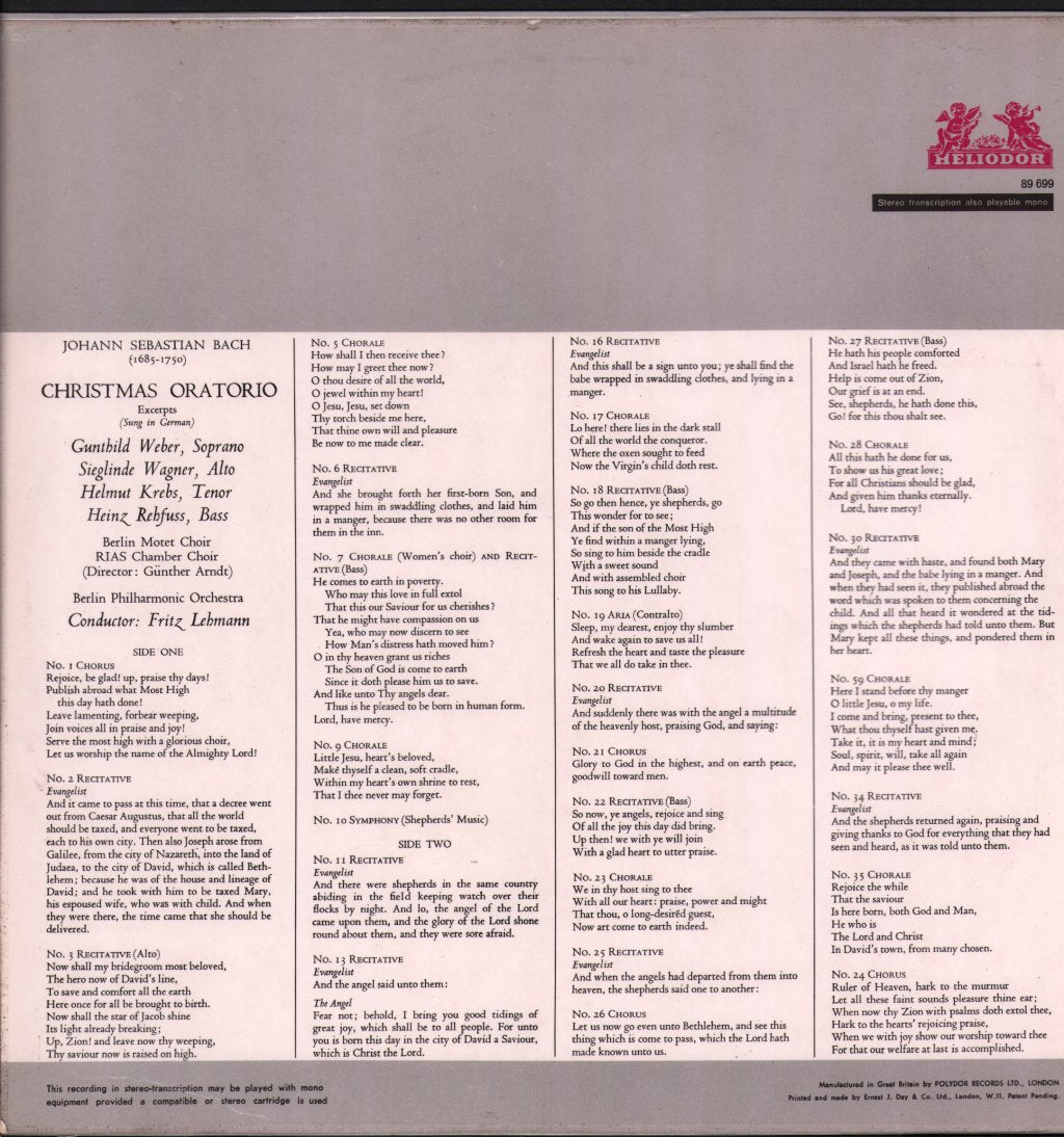 Berlin Motet Choir / Rias Chamber Choir / Berlin Philharmonic / Fritz Lehmann - J. S. Bach - Christmas Oratorio (Excerpts) - Lp