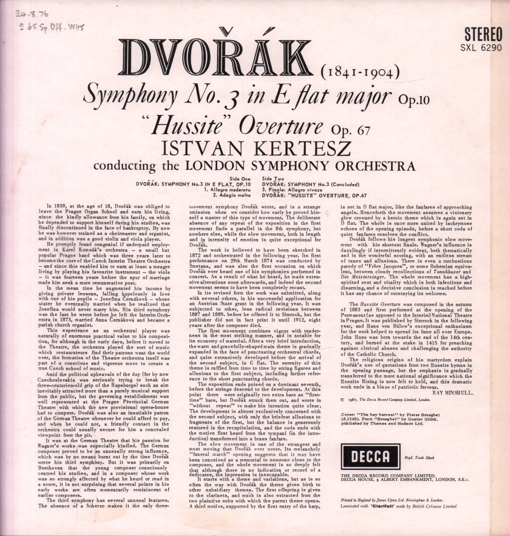 Istvan Kertesz / London Symphony Orchestra - Dvorak Symphony No.3 In E Flat Hussite Overture - Lp