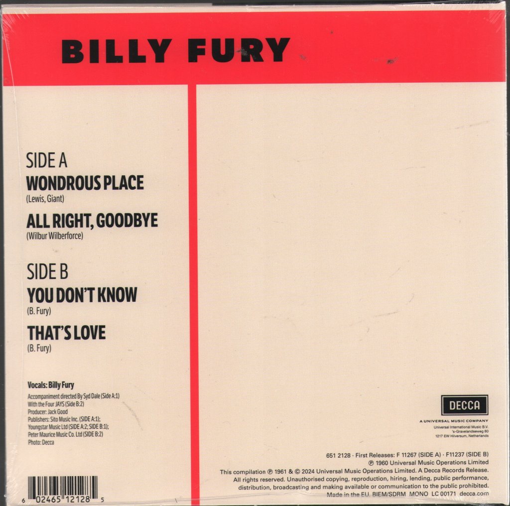 Billy Fury - Wondrous Place - 7 Inch