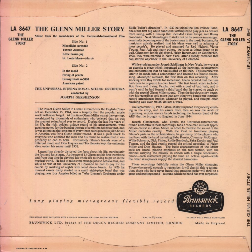 Universal International Orchestra - Glenn Miller Story - 10 Inch