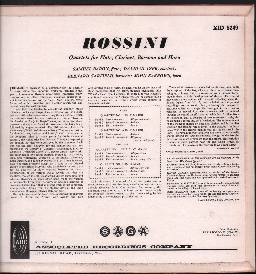 Samuel Baron / David Glazer / Bernard Garfield / John Barrows - Rossini - Quartets For  Flute, Clarinet, Bassoon And Horn - Lp
