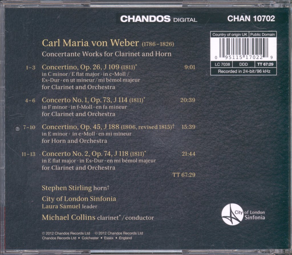 City Of London Sinfonia / Michael Collins - Weber - Clarinet Concertos Nos 1 And 2 - Cd