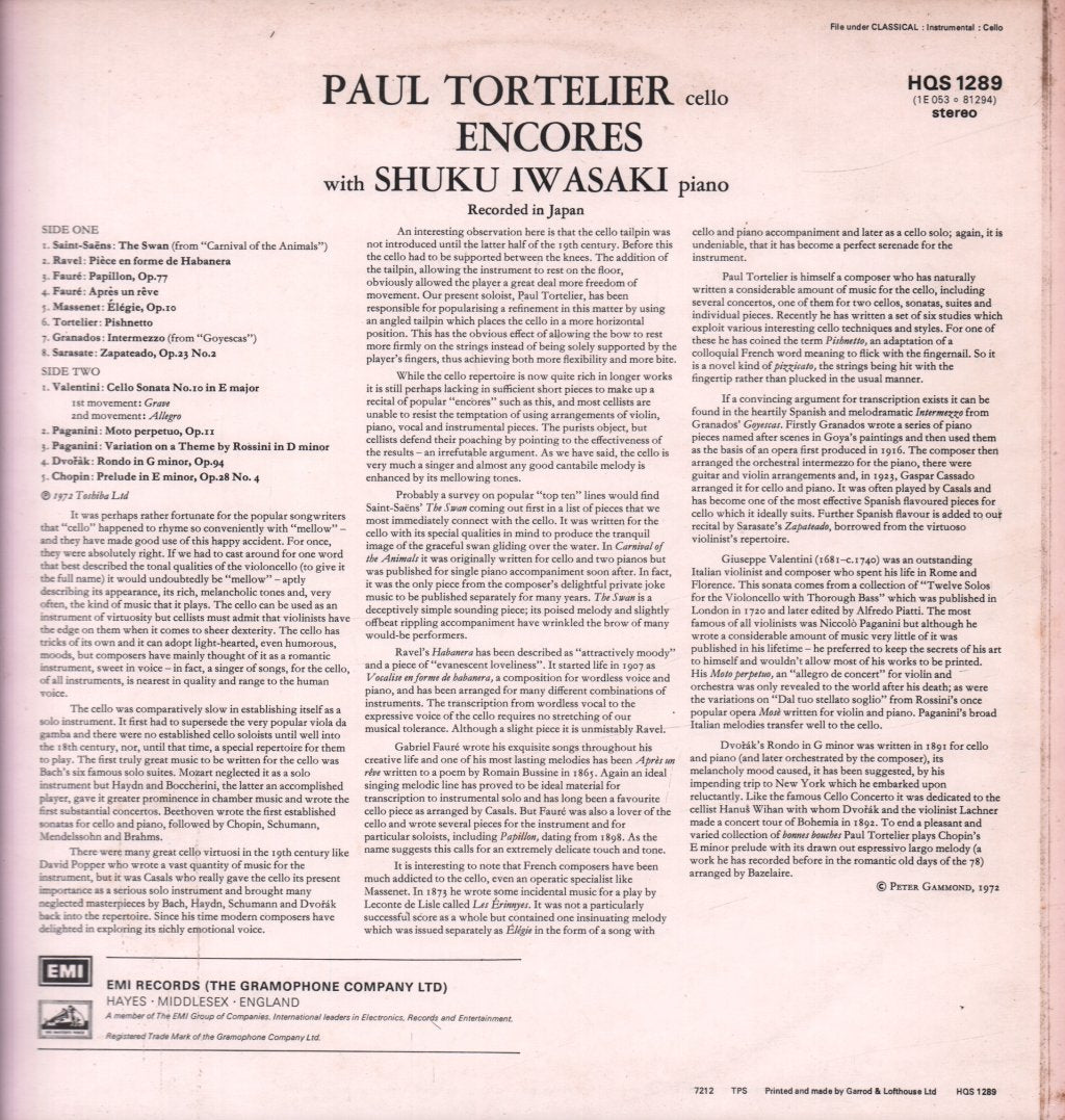 Paul Tortelier With Shuku Iwasaki - Encores - Lp