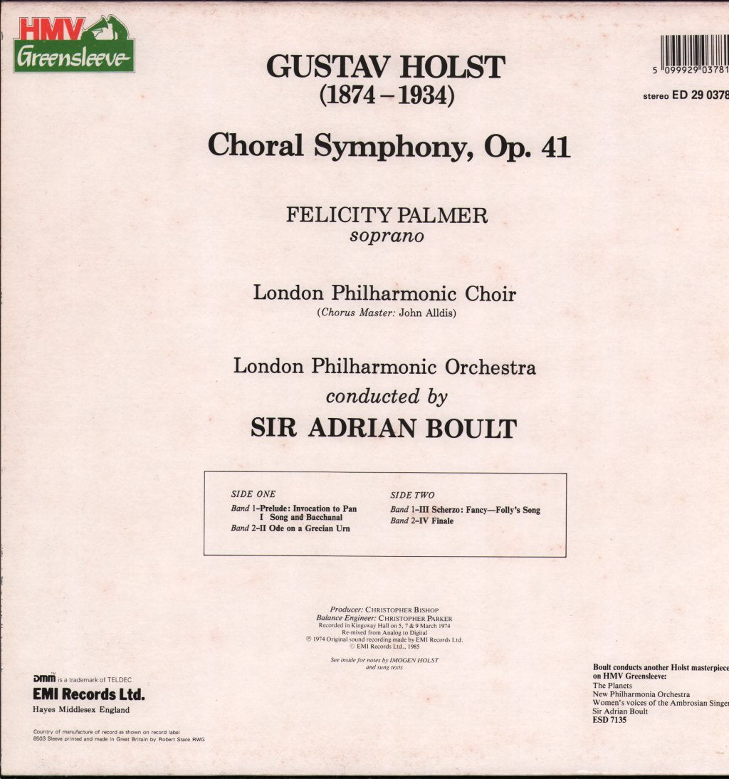 Felicity Palmer / Sir Adrian Boult / London Philharmonic Choir and Orchestra - Holst - Choral Symphony - Lp