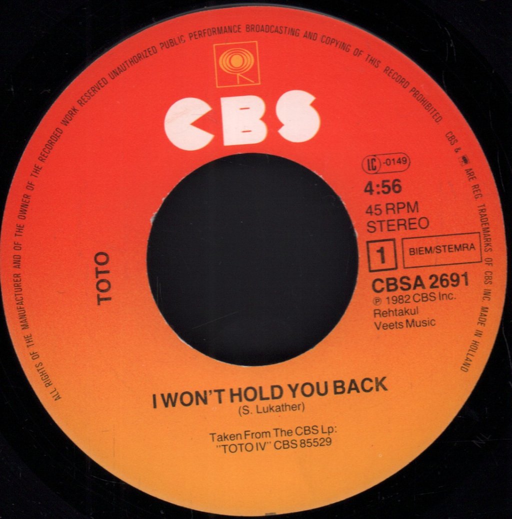 Toto - I Won't Hold You Back - 7 Inch
