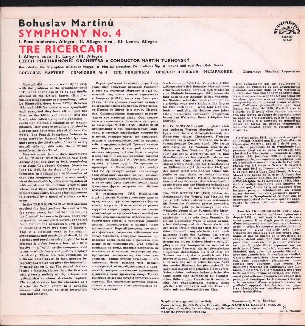 Czech Philharmonic Orchestra / Martin Turnovský - Martinu - Symphony No. 4 / Tre Ricercari - Lp
