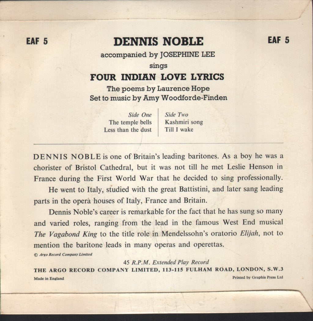 Dennis Noble - Four Indian Love Lyrics - 7 Inch