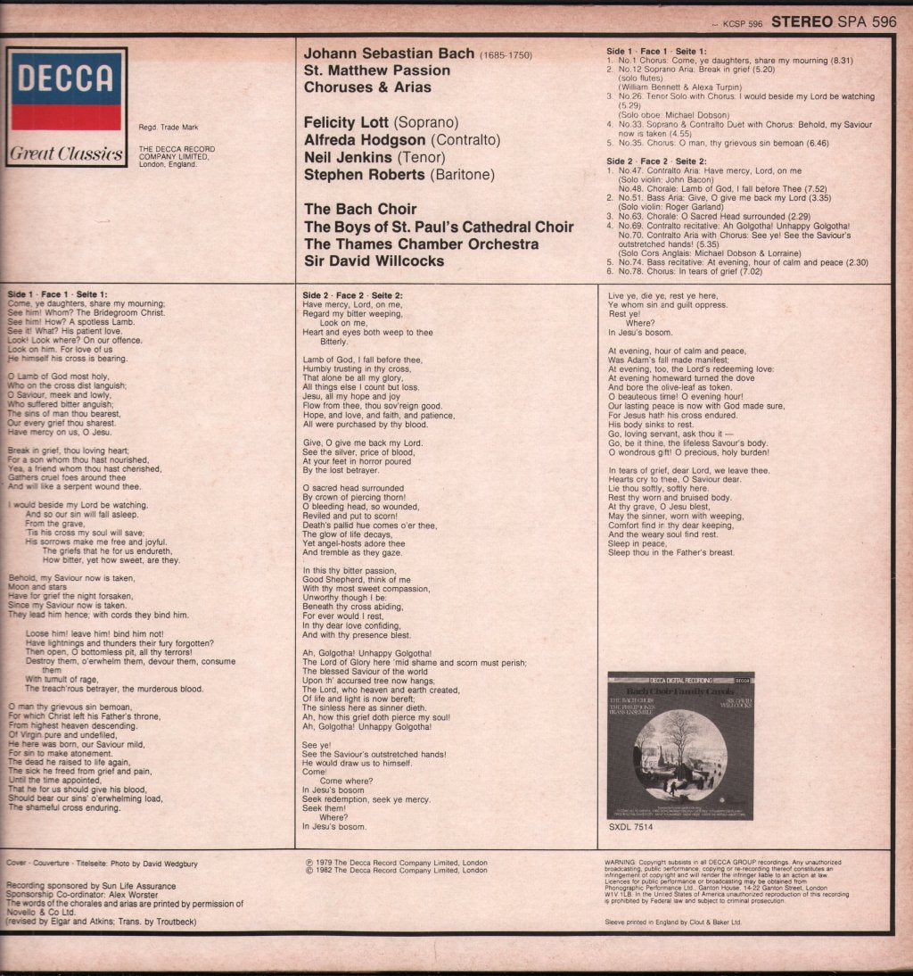 Felicity Lott / Alfreda Hodgson / Neil Jenkins / Bach Choir / Thames Chamber Orchestra / Sir David Willcocks - J.S. Bach - St. Matthew Passion - Choruses & Arias - Lp