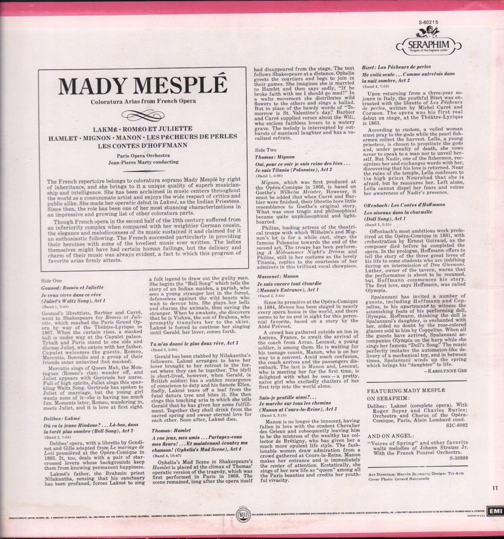 Mady Mesple / Paris Opera Orchestra / Jean-Pierre Marty - Coloratura Arias From French Opera - Lp