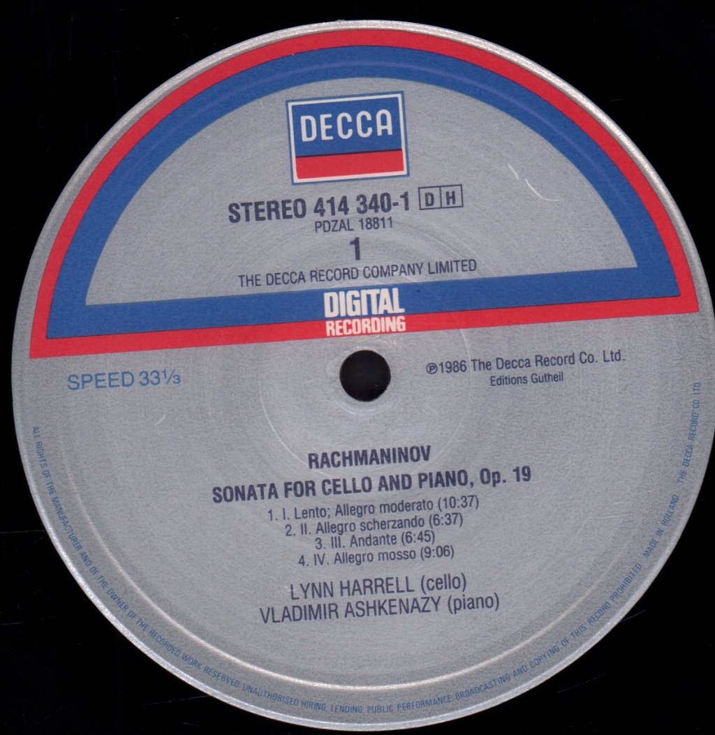 Lynn Harrell Vladimir Ashkenazy - Rachmaninoff Sonata For Cello & Piano - Lp