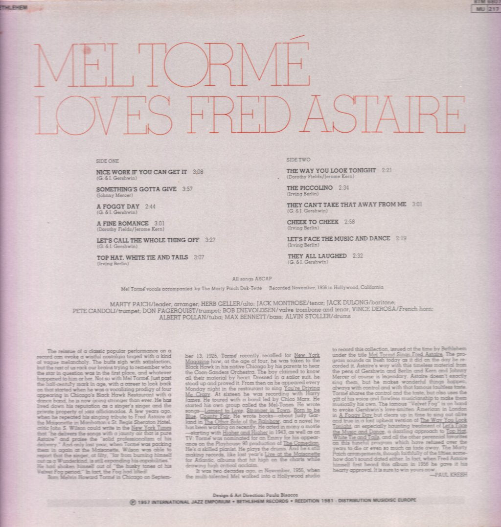 Mel Torme - Loves Fred Astaire - Lp