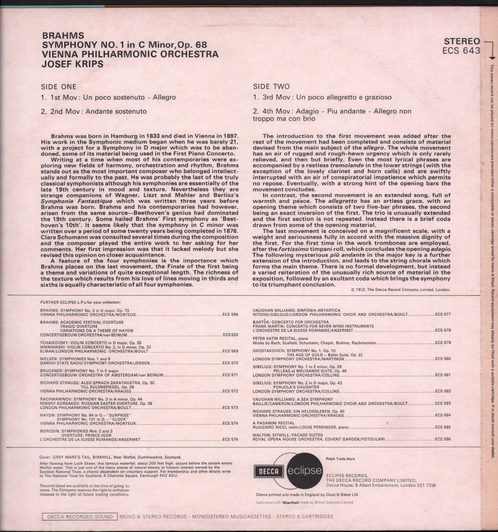 Josef Krips / Vienna Philharmonic Orchestra - Brahms - Symphony No.1 In C Minor, Op.68 - Lp