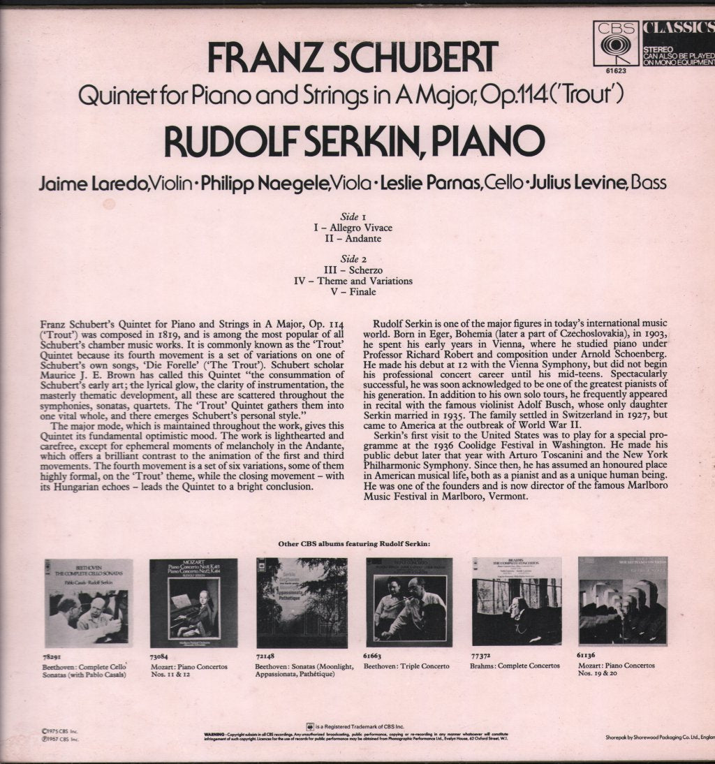 Rudolf Serkin / Jaime Laredo / Leslie Parnas / Philipp Naegele / Julius Levine - Franz Schubert - Quintet In A Major For Piano And Strings, Op. 114 ("Trout") - Lp