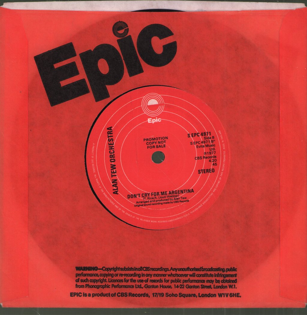 Alan Tew Orchestra - Don't Cry For Me Argentina - 7 Inch