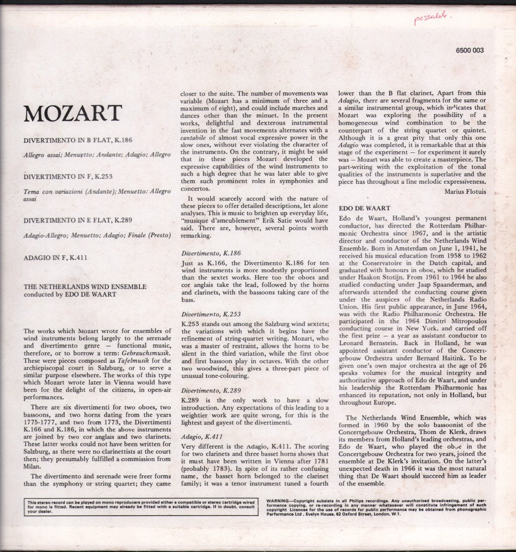 Netherlands Wind Ensemble - Mozart Divertimenti - Lp