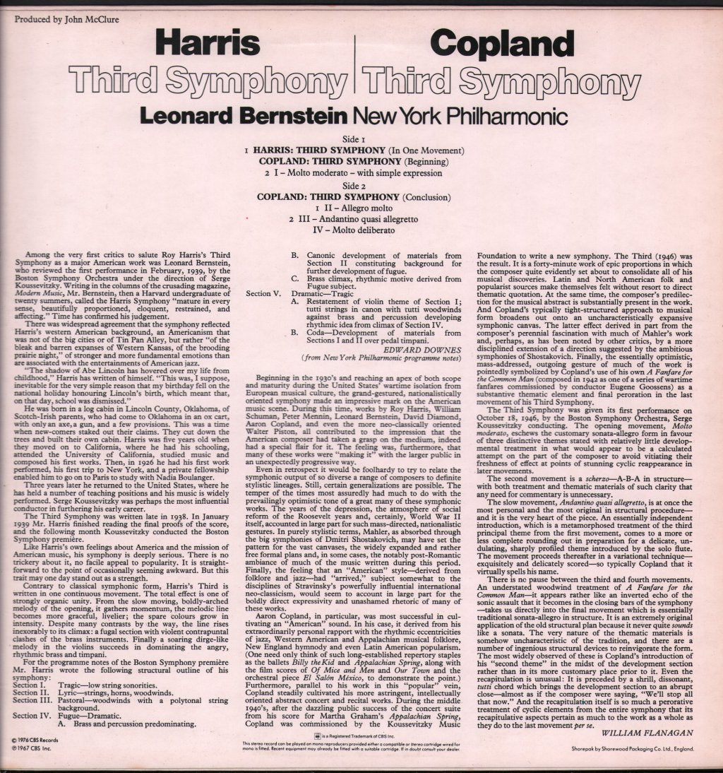 Leonard Bernstein / New York Philharmonic Orchestra - Harris Third Symphony / Copland Third Symphony - Lp