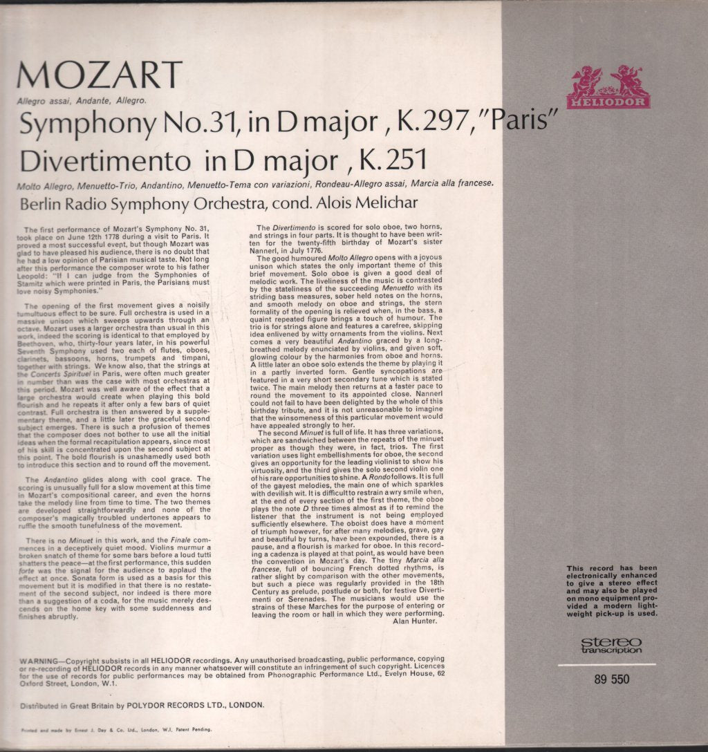 Alois Melichar / Berlin Radio Symphony Orchestra - Mozart - Symphony No.31 In D Major, K297 Paris - Lp