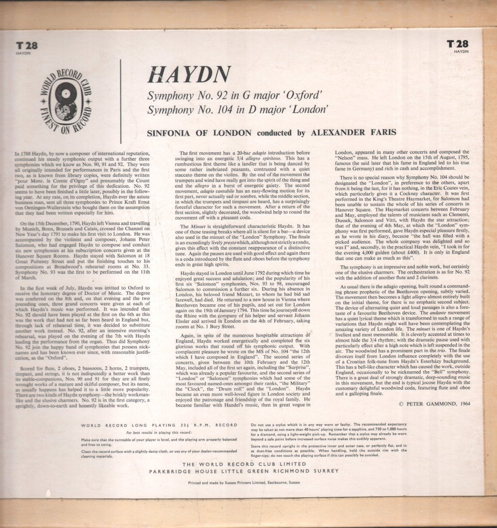 Sinfonia Of London Conducted By Alexander Faris - Haydn - Symphony No. 92 In G Major 'Oxford' / Symphony No. 104 In D Major 'London' - Lp