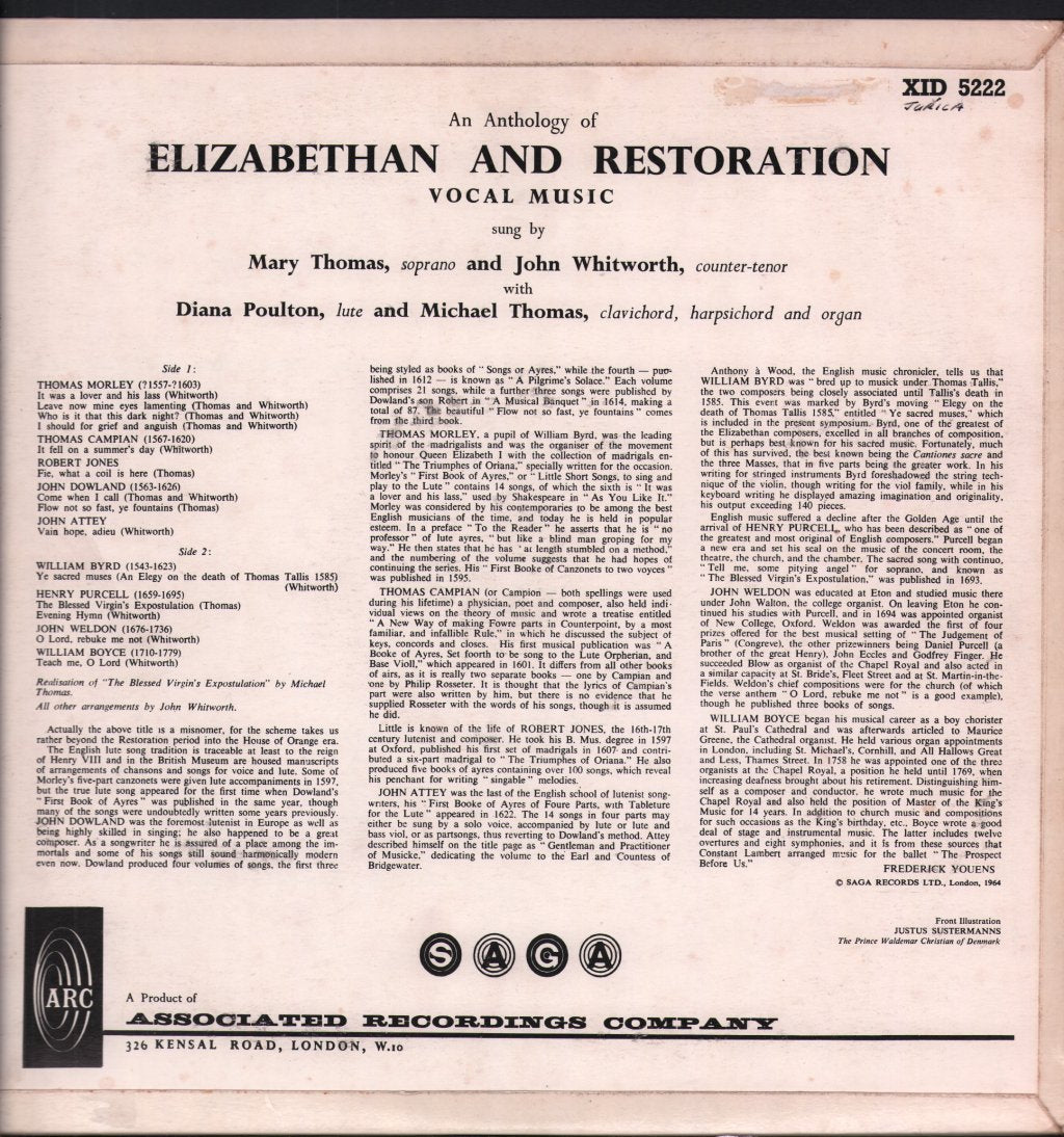 Mary Thomas And John Whitworth - An Anthology Of Elizabethan And Restoration Vocal Music - Lp