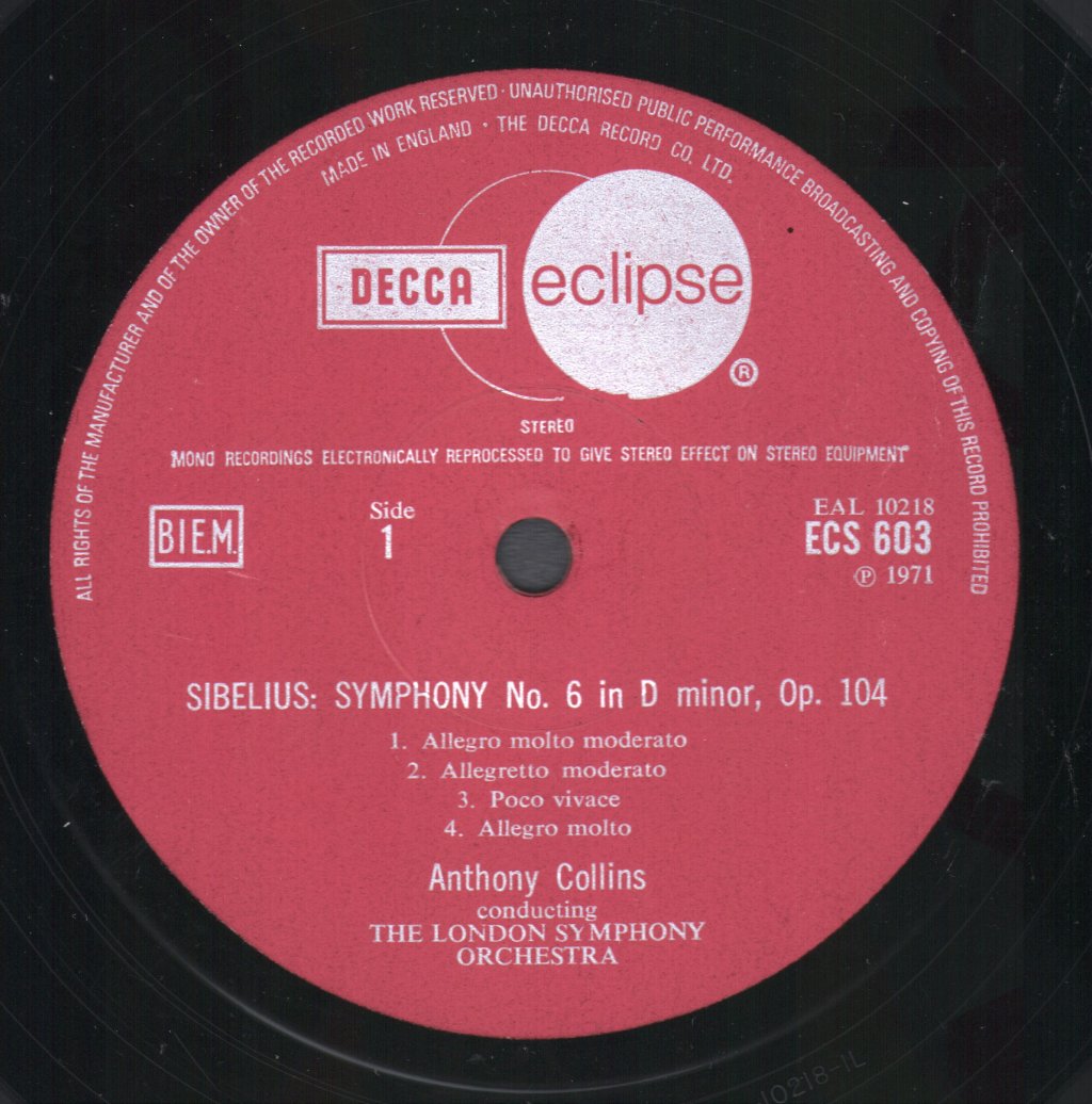 Anthony Collins / London Symphony Orchestra - Sibelius - Symphony No.6 In D Minor / Symphony No.7 - Lp