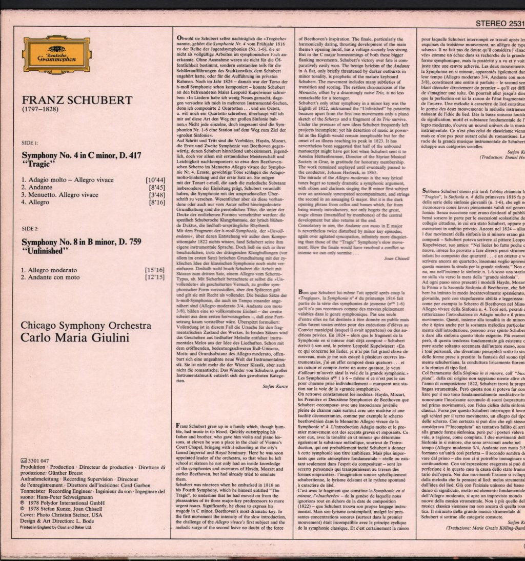 Carlo Maria Giulini / Chicago Symphony Orchestra - Schubert Symphonies No.8 Unfinished No.4 Tragic - Lp