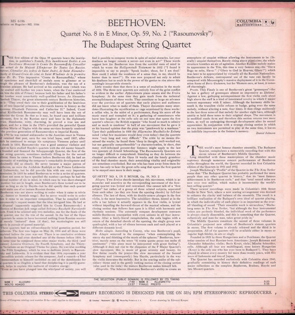Budapest String Quartet - Beethoven - Quartet No. 8 in E Minor, Op. 59, No. 2 ("Rasoumovsky") - Lp