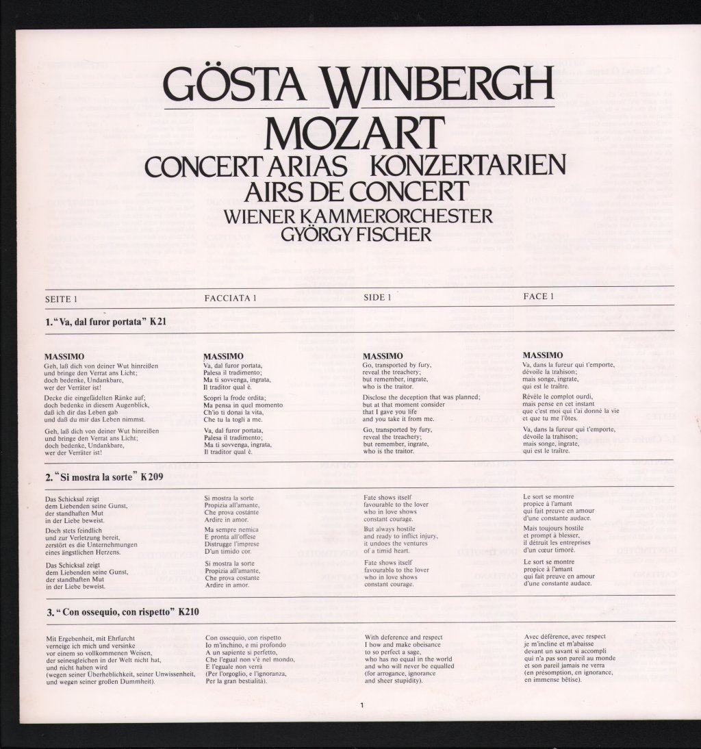 Gosta Winbergh / Wiener Kammerorchester / Gyorgy Fischer - Mozart Concert Arias - Lp
