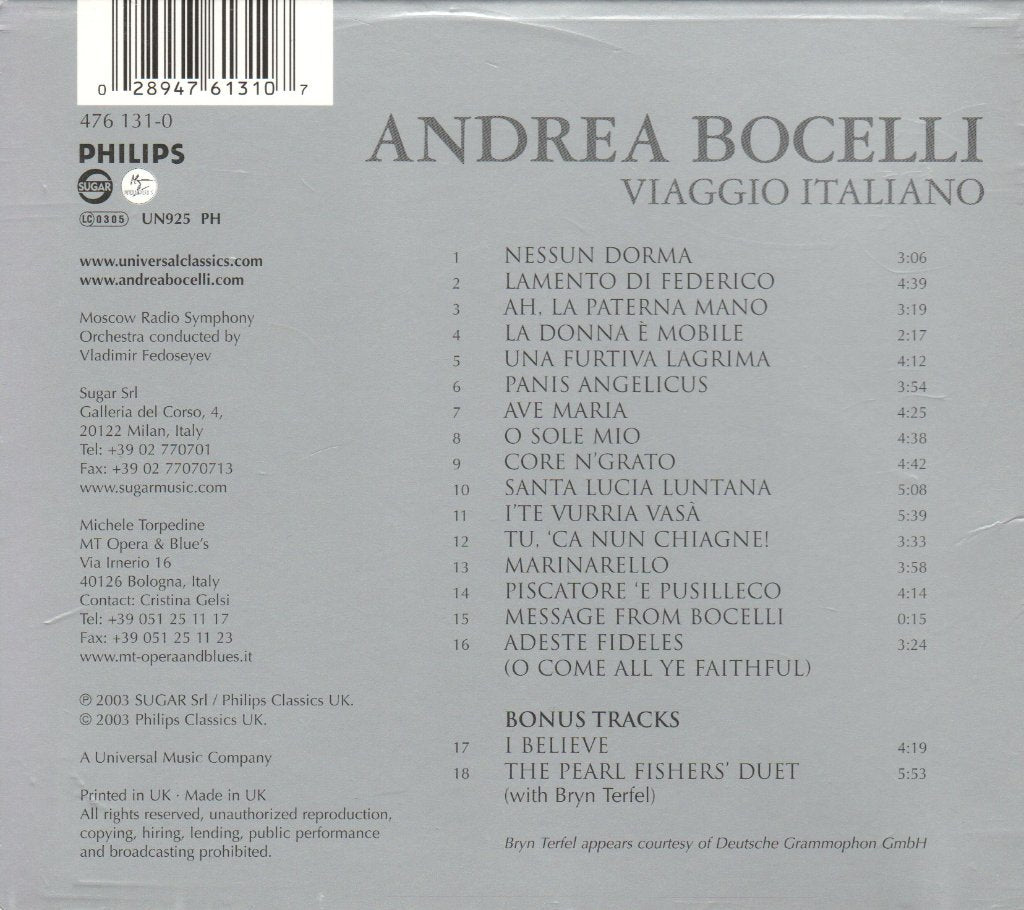 Andrea Bocelli - Viaggio Italiano - Cd