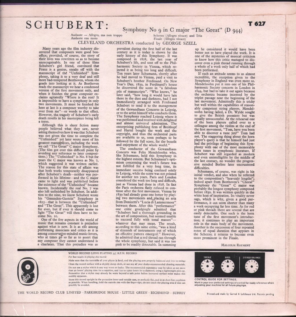 George Szell / Cleveland Symphony Orchestra - Schubert Symphony No. 9 'The Great' In C-Major - Lp