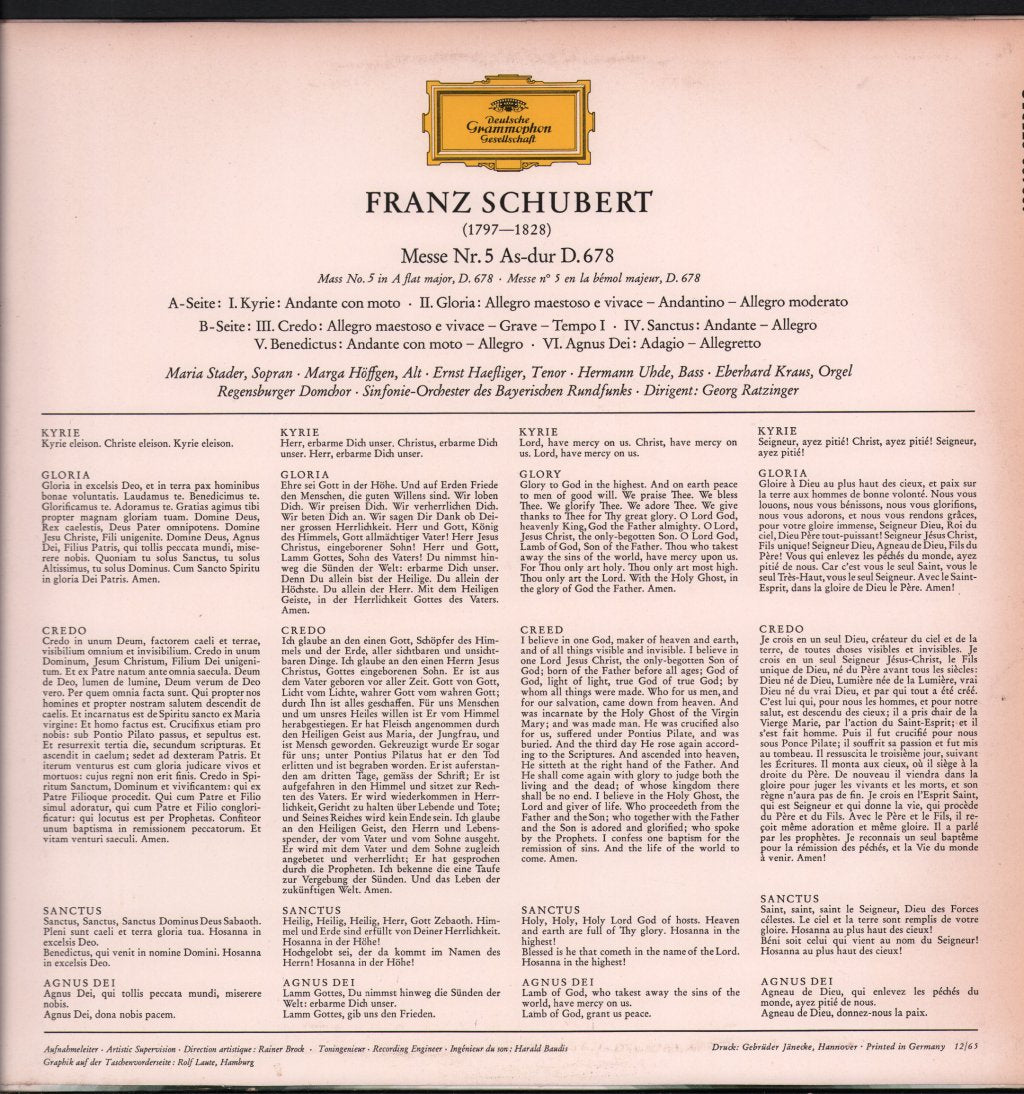 Maria Stader / Marga Hoeffgen / Ernst Haefliger / Hermann Uhde / Regensburger Domchor - Franz Schubert - Messe Nr. 5 As-Dur D. 678 - Lp
