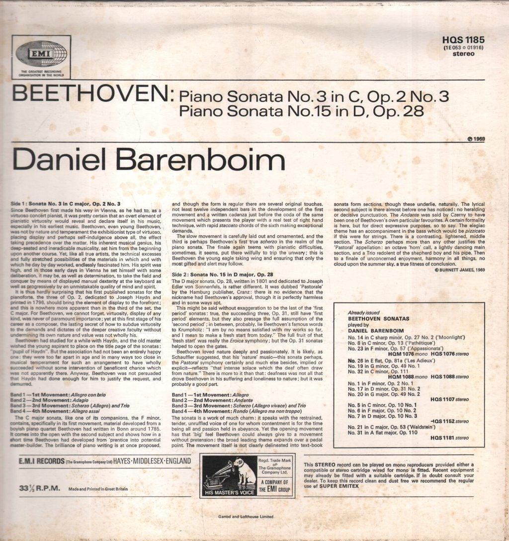 Daniel Barenboim - Beethoven Sonatas: No.15 In D, Op.28 ("Pastoral"); No.3 In C, Op.2 No.3 - Lp